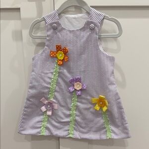 Lavender/White Seersucker Dress with Floral Appliqués 9-18M